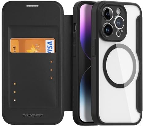 zenrich Magnetic Case for iPhone 14 Pro 6.1 Inch with Card Slot PU Leather Flip Case, Shockproof Case and Cover Scratch Resistant Transparent Back for iPhone 14 Pro 6.1 Inch, Black