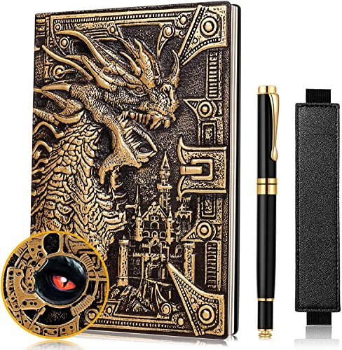 UMiWEi Vintage Dragon Embossed Leather Notebook DND Notebook Travel Journal with Ballpoint Pen and Pen Sleeve Antique Handmade A5 Journal,Hardcover Liner,Writing Notebook Gift for Men Women