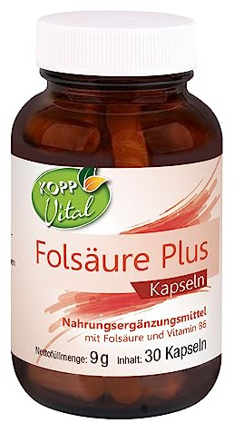 KOPP Vital® Folsäure Plus, 30 Kapseln, mit Vitamin B6 | 9 g, Maximale Qualität, Nahrungsergänzungsmittel, Hochwertiges Akazienfaserpulver