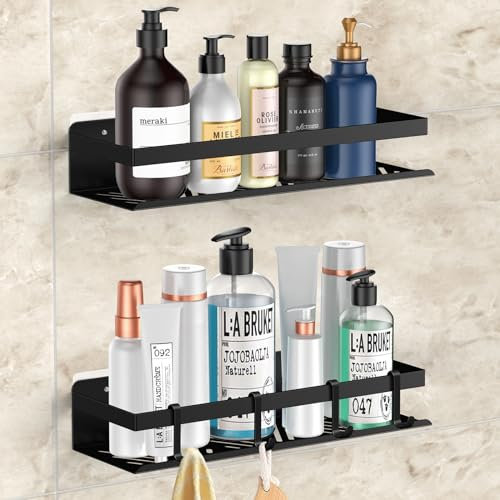 NIKYJM Duschablage ohne Bohren, 2 Stück Badezimmer Regal Organizer Schwarz mit 4 Haken Edelstahl Duschablage Rostfreie Badezimmer Organizer Shampoo Halterung für dusche