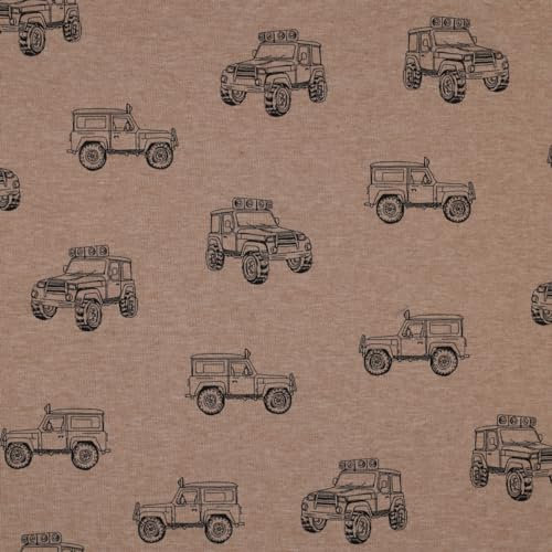 Kinder Jersey Stoff Meterware - 1 Meter, Jersey, Kinderstoff, Jerseystoff, Nähen, Baby, Jungen, Mädchen, Bekleidung, Shirt (Geländewagen Taupe)