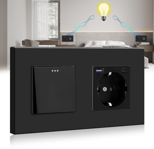 BSEED Interruptor de luz con Enchufe USB/tipo C de carga rápida de 20W,Interruptor de botón de 1 Gang 2 Vías con enchufe Schuko empotrado,Interruptor de cambio con enchufe con marco de PC,Negro