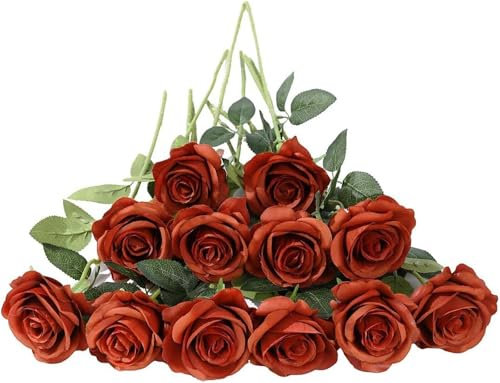 12 Stück Künstliche Rosen, Einzelne Langstielige Künstliche Rose, Realistische Kunst Rosen für Hochzeitsdeko Brautsträuß Heiratsantrag Geburtstag Party Haus Garten Decor (Orange Verbrannt)