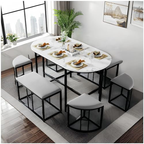 Racxily Mesa Comedor, Conjunto Mesa y sillas,1 Mesa + 6 sillas, Mesa Redonda de Comedor, Mesa de Comedor con un Moderno diseño de mármol,Mesa legale 140 x 70 x 76 cm