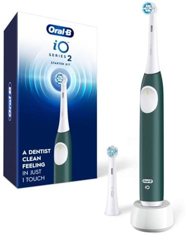 Oral-B iO Series 2 Rechargeable Electric Powered Toothbrush Starter Kit, Forest Green with 2 Brush Heads - Automatic Pressure Sensor to Protect Gums - 3 Modes - 2 Min Timer