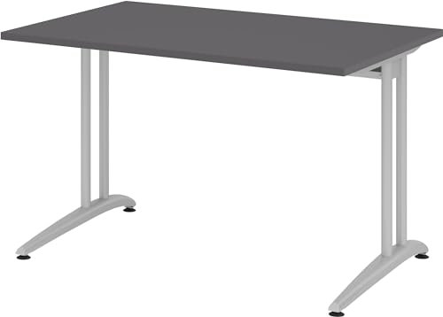 bümö Schreibtisch klein B-Serie 120x80 cm, Tischplatte aus Holz in Graphit, Gestell aus Metall in Silber - PC Tisch, Kleiner Computertisch für's Büro, Office Bürotisch