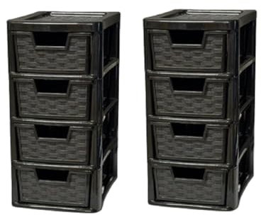 Storage Drawer Unit 4 Tier-2 Pack | S/Mini Rattan Black Plastic Chest Tower Cabinet Trolley |Tabletop Desktop Organizer Crafts Files Home Kids Bedroom Kitchen Office School | 26 D x 19 W x 38 H cm