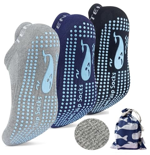 TENQUAN 3 Paia Calze Antiscivolo Yoga Uomo, Calzini Pilates Antiscivolo Donna, Calzettoni per il Running, Calzini Sportivi per Palestra, Fitness, Danza e Sport (Grigio Blu Nero, 43-46)