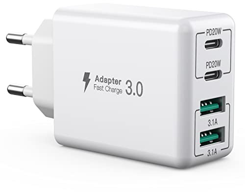 Chargeur USB C, 40W 4 Ports Prise USB C de Charge Rapide Double Port PD&QC3.0 Multiport Type C Chargeur Compatible avec iPhone 12/13/14/15/16/Pro/Pro Max/XS/XR/téléphone Samsung/Tablette(Blanc