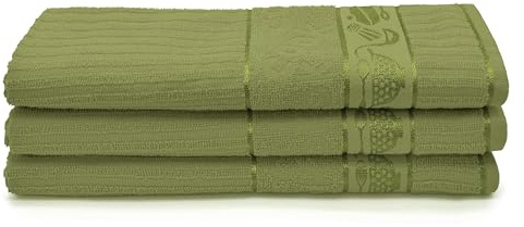Ashley Mills Woven Tea Towels Pack of 3 Large 40 x 70cms Super Absorbent Cooks 100% Cotton (Olive)