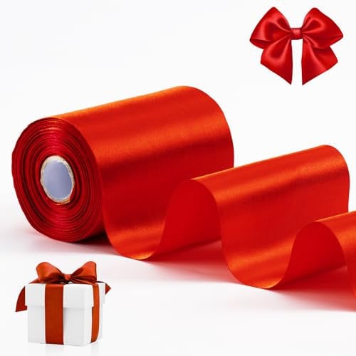 FAKILO rotes Satinband, 10cm x 10 Meter breit Band für eine große Eröffnung, Geschäftsband, Ausschnitte, Zeremonie, Schleife, Hochzeitsstühle