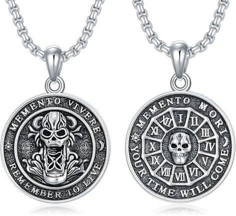 ROMANTICWORK Memento Mori Halskette 925 Sterling Silber Memento Mori Anhänger Kette Gothic Totenkopf Schmuck Geschenk für Männer Damen