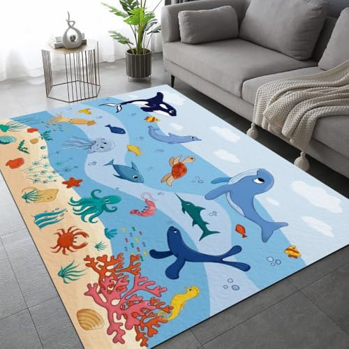 ARiXIaNg Unterwasserwelt Teppich Kinderteppich Modern 3D Ozean Tiere Teppich Schlafzimmer rutschfeste FußMatte Kinder Teenager Kurzflor Teppiche FüR Flur Wohnzimmer Boden Teppich 120x160 cm