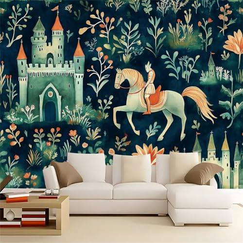 Tapete Muster Tapeten Vintage Ritter, Burg Wasserdicht DIY Wohnzimmer Dunkelgrün Wandtapete, Vliestapete Wasserdicht Renovierung Wohnzimmer Wandtapete Dekorfolie für Schlafzimmer Küche 250 x 175 cm