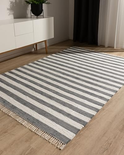 benuta Pop Baumwollteppich Tom - Grau/Creme 160x230 cm - Handgewebter Wohnzimmer Teppich - 100% Recycelte Baumwolle - Für Fußbodenheizung geeignet
