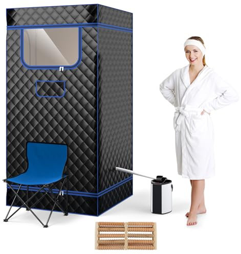RELAX4LIFE Mobile Dampfsauna 3L, Heimsauna mit Fernbedienung&Saunastuhl, Sitzsauna mit 9 Temperaturstufen, Timer&Vernebelungsfunktion, Mini Sauna 1000W Verdampfer, Saunakabine 91x91x183cm (Schwarz)
