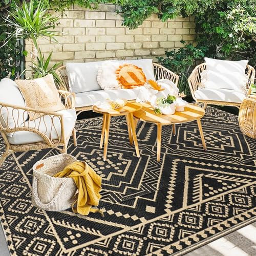 Capslpad Outdoor Teppich Wetterfest 150x245cm Reversible Geometrie Kunststoff Strohmatte UV-beständiger Faltbar Tragbarer Campingbereich Teppiche für Picknick RV Garten Strand, Schwarzes Kamel