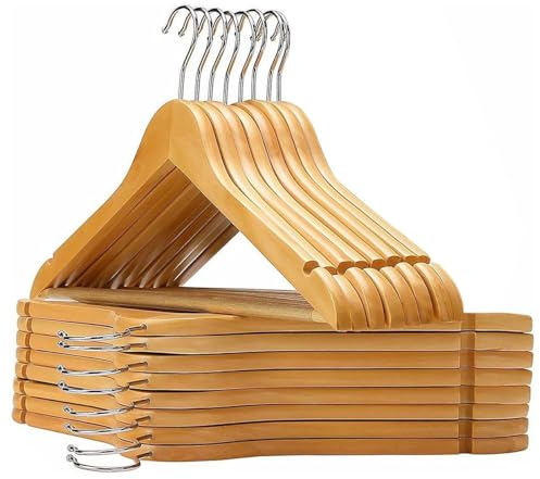 GEEZY Wooden Coat Hangers for Clothes with 360 Degree Rotary Hook, Round Trouser Bar, Shoulder Notches - Durable Natural Wood - Suitable for Coats Jackets Shirts Jeans Trousers Suits Jumpers (16 Pack)