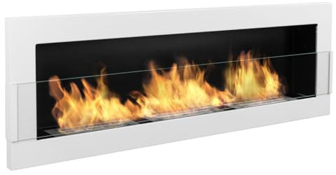Chimenea de bioetanol con cristal 120 x 40 cm. Chimenea de bioetanol para colgar directamente en la pared o para montar en una abertura de pared. Chimenea orgánica en color blanco brillante 1200 x 400