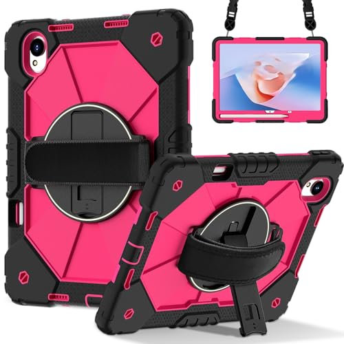 Funda para tablet Huawei MatePad 11.5S de 11.5 pulgadas 2024, protección resistente, soporte giratorio de 360 grados, soporte para lápices, correa para el hombro (negro + rojo rosa)