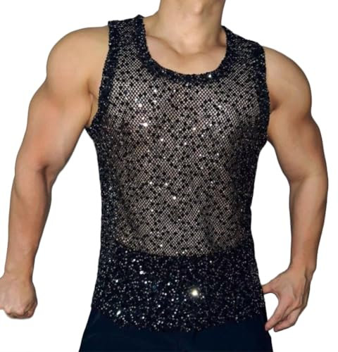 Men's Sheer Mesh See Through Tshirt Muscle Shirts Party Club Rave Disco Tank Top Tee (Size:3XL,Color:Schwarz)