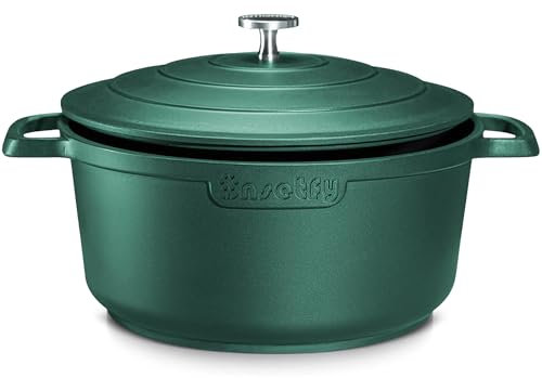 INSETFY Großer Dutch Oven Topf mit Deckel, 7,5 l, Aluminiumguss, Ofentopf mit zwei Griffen, leicht zum Brotbacken, Schmoren und Braten (grün)