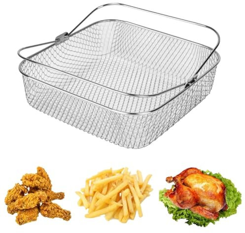 Carroterr Square Air Fryer Basket, Air Fryer Accessories Stainless Steel Basket, Reusable Mesh Basket with Handle for 5.8QT 6QT Air Fryers, Basket with Handle for Instant Vortex Plus