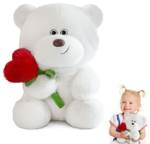 MeYuxg Ours en peluche doux et mignon de 28 cm, avec cœur rose, convient pour garçons, filles et adultes, anniversaire, fête, cadeau de Saint-Valentin (blanc)