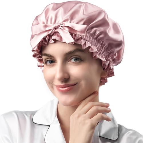 Umisleep 22 Momme 100% Maulbeerseide Seidenhaube zum Schlafen mit Rüschen – Doppelseitig, Weich & Atmungsaktiv, Verstellbares Breites Band für Lockiges Haar, Rosa