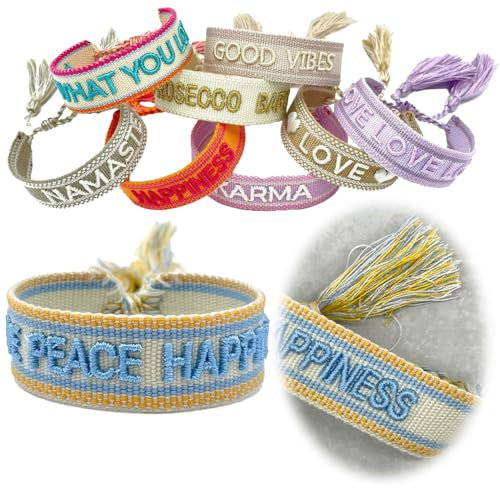 LS-LebenStil Exklusives Statement Armband - das Original - Love Peace Happiness Sand Quasten besticktes Boho Canvas Webarmband Damen Freundschaftsarmband Boho gewebt textiles Stoffarmband 16-20mm