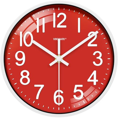 VIKMARI 20cm Modern Wanduhr, Klein Lautlos Geräuschlos Quarz Wanduhr für Wohnzimmer Küche Schlafzimmer Heimbüro (Rot)
