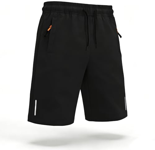 Himcus Boys PE Shorts Kids Football Sports Quick-Dry Gym Activewear Running Shorts with Drawstring,Zip Pockets(Tag 160,Black,11-12Y)