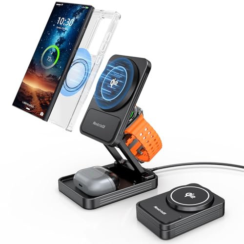 Magnetic Wireless Charger for Samsung, Aluminum Alloy 3 in 1 MagSafe Charging Station for Samsung Galaxy S25 Ultra/S24/Buds Pro, Qi2 Foldable Travel Watch Charger for Galaxy Watch Ultra/8/7