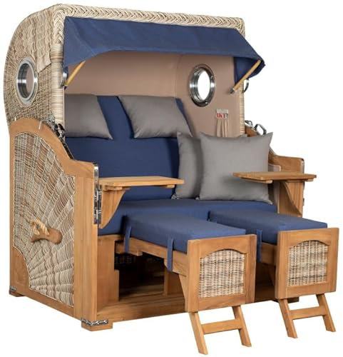MR. DEKO® Strandkorb Düne Grande XL 2,5-Sitzer Teak | PE Geflecht Shell - Dessin 595 | Volllieger Strandstuhl mit Bullauge inkl. 2 Fußablagen | je 2 Kissen und Nackenkissen | Strandkörbe aus Teakholz
