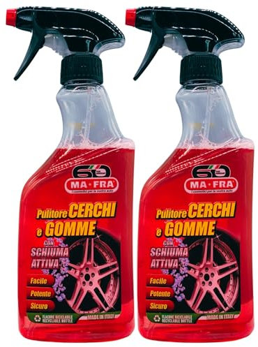 Detergente Spray Pulitore CERCHI E GOMME Con Schiuma Attiva. Deterge e Sgrassa Gli Pneumatici Delle Auto, Utilizzabile Con Schiuma o Senza Schiuma 500ml (2 Spray)
