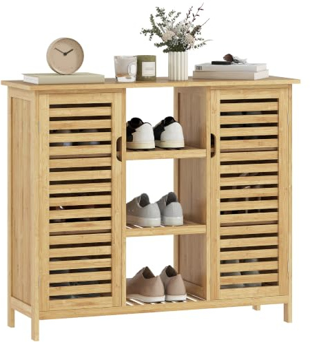 Armario de Almacenaje de Bambú 2 Puertas de Lamas 100x33x86 cm Natural | HOMCOM, Mueble Recibidor con Estantes y Compartimentos Abiertos, para Salón, Entrada