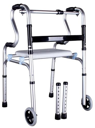 Frame Walking Equipment Auxiliary Walking Device Double Armrest Bend Design One-Key Folding 8 Height Adjustable Lightweight with Seat Board for Elderly and Disabled