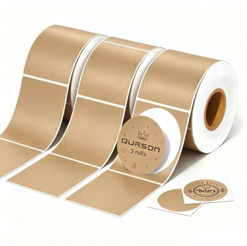 QUASON 900 Stück 7,6 cm runde Thermoetiketten in Braun, Mehrzweck-Aufkleber für kleine Unternehmen BPA frei (3 Rollen)