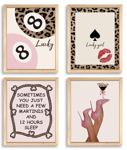 PRESSINART 4Pcs 4 Styles Leopard Wandkunst Rosa Gepard Poster Mit 8 Ball Poker Karte High Heel Poster Raumdekoration Preppy Stilvolle Kunstwerke Für Schlafzimmer Wohnzimmer Studentenwohnheim Ungerahmt