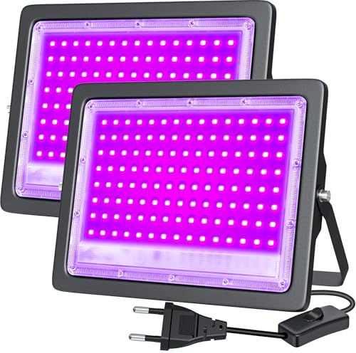LED Luz Negra UV,2Pcs 100W Foco UV Ultravioleta 385-400nm,IP66,Resistentes al Agua,con Enchufe e Interruptor,para Decoración de Halloween,Fiestas,Iluminación de Escenario y Navidad