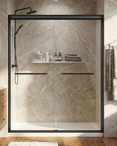 Shower Door 56-60'' W x 72'' H Semi-Frameless & Double Sliding, 1/4 inch (6mm) Thickness Clear Tempered Glass for Walk-in Shower, Matte Black