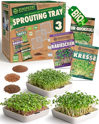 ZenGreens® - Bio Sprossen Anzuchtschale 3er Set - Kressesieb | inkl. Sprossensamen (Kresse, Ur-Brokkoli & Radieschen)