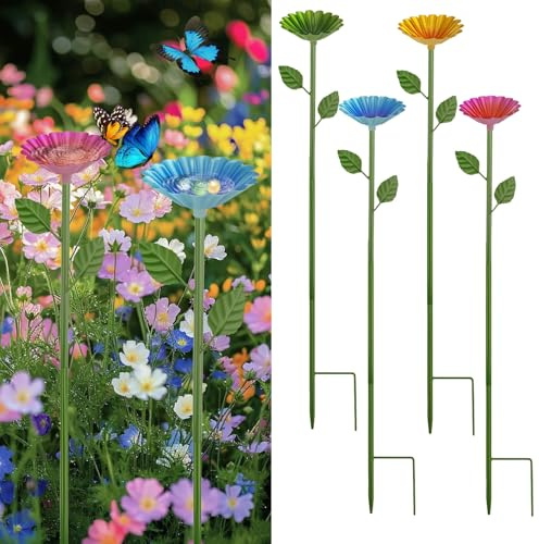 4 Pack Bee Watering Station for Garden with Adjustable Iron Stakes Colorful Metal Flower Garden Stakes Bird Feeders Practical Bee Feeder Cups Bee Water Feeders Decor for Outdoor Garden Yard