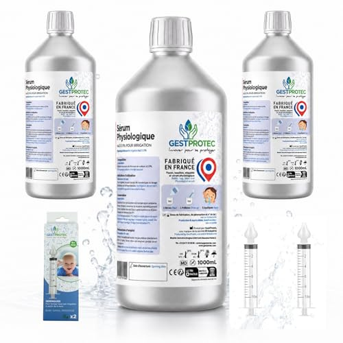 Sérum Physiologique 1 Litre x3 + Seringue Nasale Bébé x2 – Lavage Nez | Lot 3x1L + 2 seringues nasales dès 6 mois – solution saline 0,9% – eau purifiée – irrigation externe nez – labo français