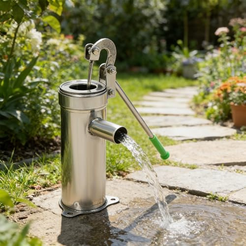 Mqwdxzfes Hand Schwengelpumpe Edelstahl, Manuelle Saugpumpe mit Rutschfester Griff & 8m Saughöhe, Gartenpumpe für Brunnen, Handpumpe für Wasserförderung aus Grundwasser, inkl. Zubehör