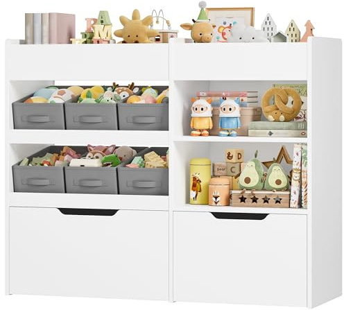 HOCSOK Toy Storage Unit with 2 Large Rolling Toy Chests, 6 Fabric Drawers | MDF, Kids Storage Unit with 4 Open Storage Shelves, Kids Bookcase for Playroom, Nursery, Wooden, White, 89H x 108.6W x 30D cm