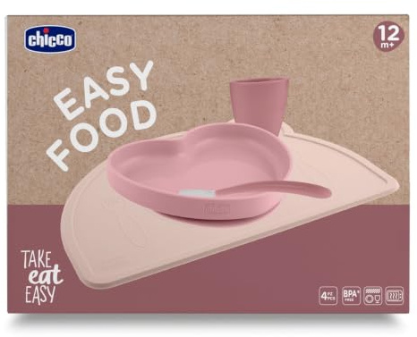 Chicco Set Pappa in Silicone Easy Food 12m+ | Set Svezzamento 4 Pezzi con Piatto Ventosa Antiscivolo, Tovaglietta, Mini Tazza con Bordo Inclinato e Cucchiaio Morbido | 100% Silicone Senza BPA