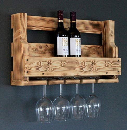 Scaffale da vino in legno per la parete - con portabicchieri - fiammato - pronto per il montaggio - Ripiano per bottiglie e bicchieri da vino