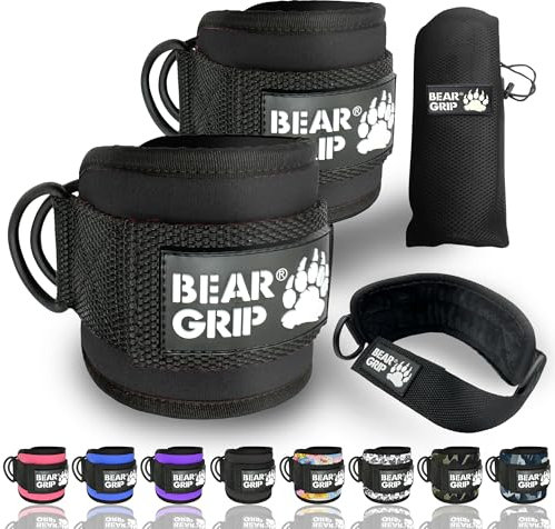 BEAR GRIP - Ankle Straps for Cables with New Fleece Design - Strong Closure, Double Stainless Steel D-Ring, Adjustable Neoprene - For Men & Women (Black - Pair)