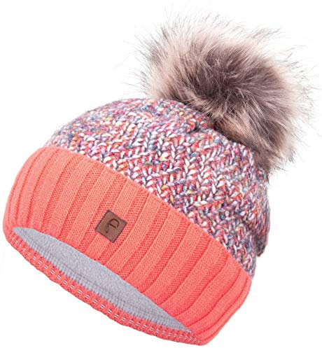 Faera Wintermütze Mütze Damen gefüttert mit Kunstfell Bommelmütze Bommel Fleecefutter Winter Strickmütze Beanie Mädchen, Farbe:Orange